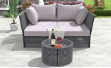 TREXM 2 Piece Outdoor Sunbed and Coffee Table Set, Patio Double Chaise Lounger Loveseat Daybed with Clear Tempered Glass Table for patio