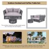 TREXM 2 Piece Outdoor Sunbed and Coffee Table Set, Patio Double Chaise Lounger Loveseat Daybed with Clear Tempered Glass Table for patio