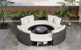 Outdoor Patio Furniture Luxury Circular Outdoor Sofa Set Rattan Wicker Sectional Sofa Lounge Set with Tempered Glass Coffee Table, 6 Pillows, Beige