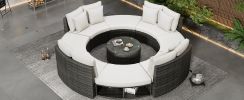 Outdoor Patio Furniture Luxury Circular Outdoor Sofa Set Rattan Wicker Sectional Sofa Lounge Set with Tempered Glass Coffee Table, 6 Pillows, Beige