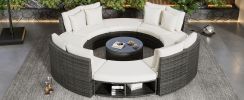 Outdoor Patio Furniture Luxury Circular Outdoor Sofa Set Rattan Wicker Sectional Sofa Lounge Set with Tempered Glass Coffee Table, 6 Pillows, Beige