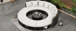 Outdoor Patio Furniture Luxury Circular Outdoor Sofa Set Rattan Wicker Sectional Sofa Lounge Set with Tempered Glass Coffee Table, 6 Pillows, Beige