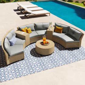 U-Style 6 Person Fan-shaped Rattan Suit Combination w/Cushions and Table, Suitable for Garden, Brown/Gray [VIDEO provided]