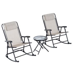 Outsunny 3 Piece Outdoor Rocking Chair Set, Patio Folding Lawn Rocker Set with Glass Coffee Table, Headrests for Yard, Patio, Deck, Backyard