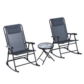 Outsunny 3 Piece Outdoor Rocking Bistro Set, Patio Folding Chair Table Set with Glass Coffee Table for Yard, Patio, Deck, Backyard, Gray