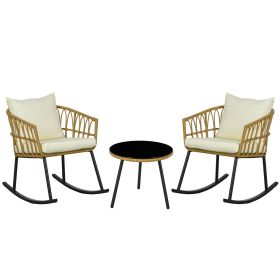 Outsunny 3 Piece Bistro Set with Cushions, Outdoor PE Rattan Wicker Patio Rocking Chair with 2 Porch Rocker Chairs