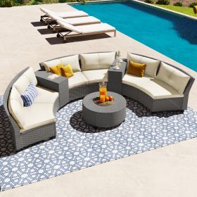 U-Style 6 Person Fan-shaped Rattan Suit Combination with Cushions and Table, Suitable for Garden, Gray/Beige [VIDEO provided]