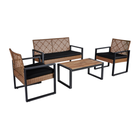 4 Piece Patio Furniture Set Outdoor Balcony Porch Garden Backyard Lawn Furniture Acacia Wood Table Top, Morden Black and Light Brown