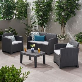 Outdoor Faux Wicker Rattan Style Chat Set with Water Resistant Cushions, 4 Piece Set, Charcoal / Light Grey