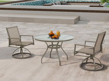 3 piece Bistro Patio Table and Chairs Set with Tan PVC Sling Swivel Rocker Chairs and Round Cast-Top Outdoor Table