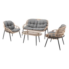 Belize 4-Piece PE Natural Rattan Outdoor Gray Cushions Conversation Set, Large