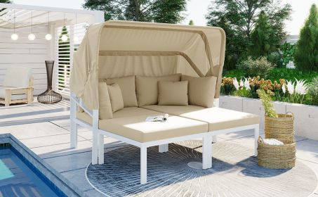 TOPMAX 3 Piece Patio Daybed with Retractable Canopy Outdoor Metal Sectional Sofa Set Sun Lounger with Cushions for Backyard, Porch, Poolside, Beige