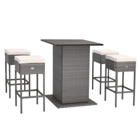 5 Piece Outdoor Wicker Bar Table Set with Hidden Storage Shelves-White