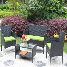 4 Piece Rattan Patio Furniture Set Outdoor Patio Cushioned Seat Wicker Sofa (Green Cushion)