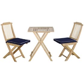 3 Piece Patio Folding Bistro Set, Outdoor Pine Wood Table and Chairs Set with Tie-on Cushion & Square Coffee Table, Great for Indoor, Poolside