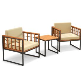 3 Piece Patio Chair Set Acacia Wood Outdoor Sofa Set with Soft Cushions