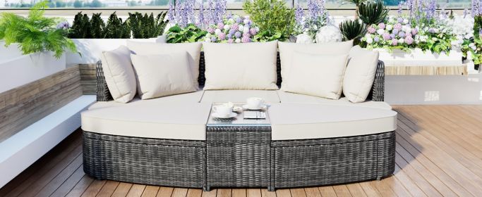 TOPMAX 6 Piece Patio Outdoor Conversation Round Sofa Set, PE Wicker Rattan Separate Seating Group with Coffee Table, Beige