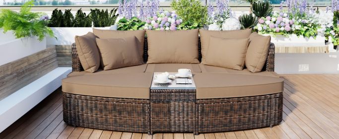 TOPMAX 6 Piece Patio Outdoor Conversation Round Sofa Set, PE Wicker Rattan Separate Seating Group with Coffee Table, Brown