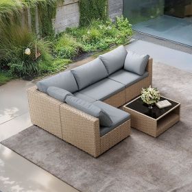 5 Piece Patio Furniture Set, All-Weather Outdoor Conversation Set Sectional Sofa with Water Resistant Gray Thick Cushions