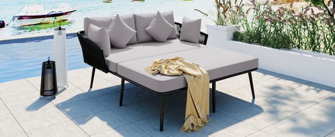 TOPMAX Outdoor Patio Daybed, Woven Nylon Rope Backrest with Washable Cushions for Balcony, Poolside, Set for 2 People, Gray