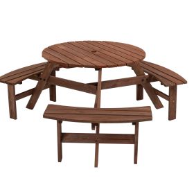 6 - Person Circular Outdoor Wooden Picnic Table for Patio, Backyard, Garden, DIY w/3 Built-in Benches, 1720lb Capacity - Brown