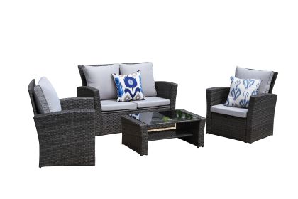 4 Piece PE Rattan Wicker Outdoor Patio Furniture Set with Gray Cushions