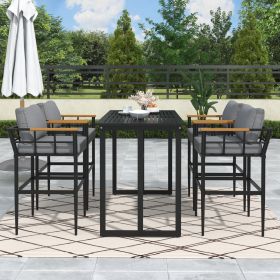 Steel Outdoor Dining Set with Acacia Wood Armrest Suitable For Patio, Balcony Or Backyard