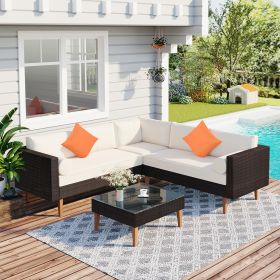 GO 4 piece Outdoor Wicker Sofa Set, Patio Furniture with Colorful Pillows, L-shape sofa set, Beige cushions and Brown Rattan