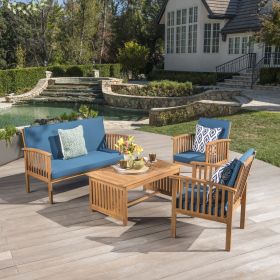 Outdoor Acacia Wood Sofa Set with Water Resistant Cushions, 4 Piece Set, Brown Patina / Teal Blue