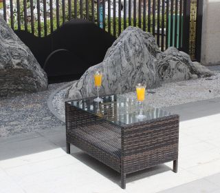 Outdoor Patio Furniture Wicker Coffee Table with clear tempered glass 34.6x 20.5x 17.7inch (L X W X H)