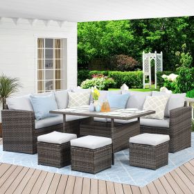 7 Piece PE Rattan Wicker Patio Dining Sectional Cusions Sofa Set with Gray cushions