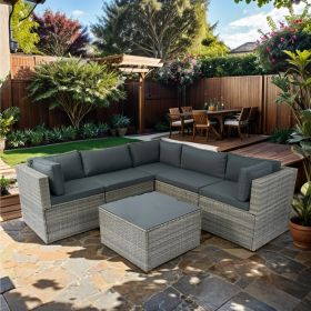 6 Piece PE Rattan sectional Outdoor Furniture Cushioned Sofa set Gray Wicker, Dark Gray Cushion