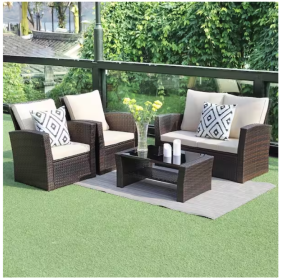 4 Piece Outdoor Patio Furniture Set PE Rattan Wicker with Brown