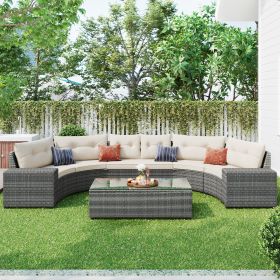 GO 8 piece Outdoor Wicker Round Sofa Set, Half-Moon Sectional Sets All Weather, Curved Sofa Set With Rectangular Coffee Table