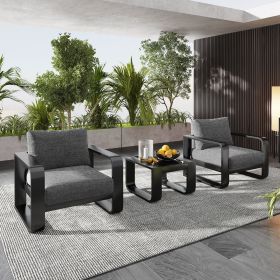 GO 3 piece Aluminum Frame Patio Furniture With 6.7" Thick Cushion And Coffee Table, All Weather Use Olefin fabric Outdoor Chair, Gray And Black