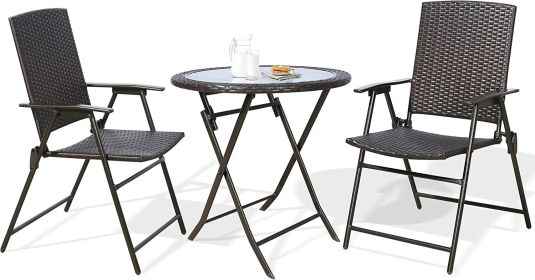 Outdoor 3 Piece Wicker Folding Bistro Set; Balcony Table and Chairs Sets;  Garden Backyard Furniture