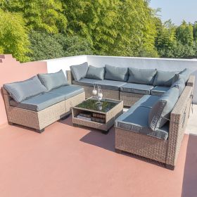 9 Piece Patio Furniture Set, All-Weather Boho Outdoor Conversation Set Sectional Sofa with Water Resistant Gray Thick Cushions