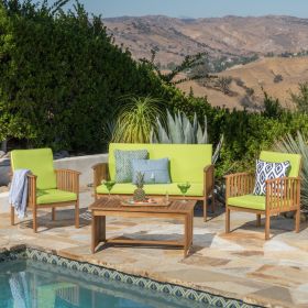 Outdoor Acacia Wood Sofa Set with Water Resistant Cushions, 4 Piece Set, Brown Patina / Light Green