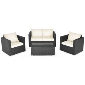 4 Piece Patio Rattan Conversation Set with Padded Cushion