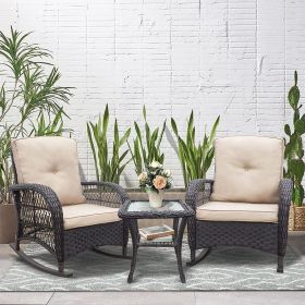 3 Piece Outdoor Wicker Rocker Patio Bistro Set; Rocking Glider Chairs with Premium Cushions and Armored Glass Top Side Table