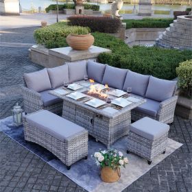 5 Piece Gray Wicker Outdoor Conversational Sofa Set with Fire Pit Table and Ottoman