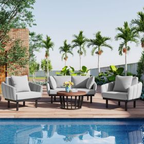 TOPMAX Luxury Modern 4 Piece Outdoor Iron Frame Conversation Set, Patio Chat Set with Acacia Wood Round Coffee Table for Backyard, Deck, Poolside