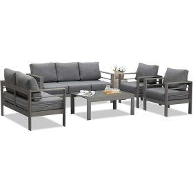 5 Piece Outdoor All-Weather Conversation Set, Sectional Sofa, Aluminum Couch - Dark Gray Cushions