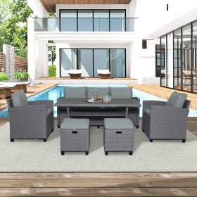 6 Piece Outdoor Rattan Wicker Set Patio Garden Backyard Sofa, Chair, Stools and Table (Gray Rattan + Gray Cushion)