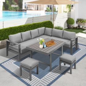 6 Piece Outdoor Dining Set, Gray Aluminum Frame with Dark Gray Cushions