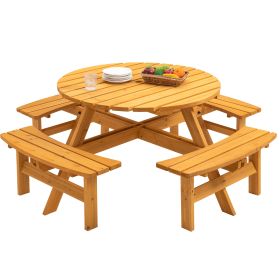 8 Person Wooden Picnic Table, Outdoor Camping Dining Table with Seat, Garden, DIY w/4 Built-in Benches, 2220lb Capacity - Natural