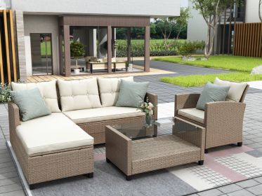 Outdoor, Patio Furniture Sets, 4 Piece Conversation Set Wicker Ratten Sectional Sofa with Seat Cushions (Beige Brown) (Color: Beige)