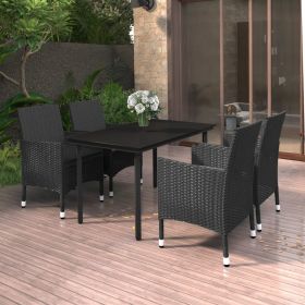 5 Piece Patio Dining Set with Cushions Poly Rattan and Glass (Color: Black)