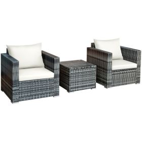 3 Piece Patio Rattan Furniture Bistro Sofa Set with Cushioned (Color: White)