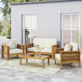 Teak Acacia Wood Loveseat and Coffee Table Set with Cream Cushions (Color: as Pic)